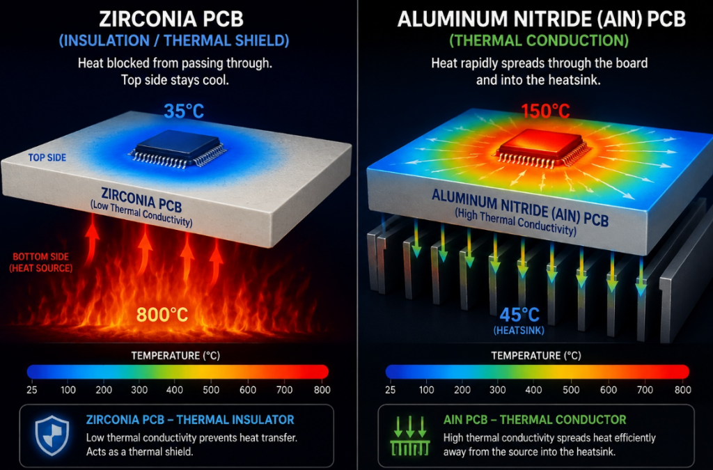 Comparison of thermal conductivity Zirconia acting as a heat shield vs AlN as a heatsink