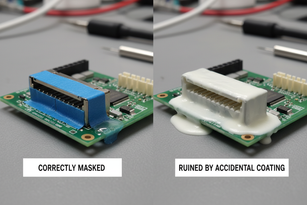 Comparison showing a correctly masked PCB connector versus a connector ruined byaccidental conformal coating.