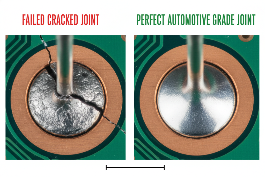 Comparison showing a failed cracked solder joint versus a perfect automotive gradesolder joint