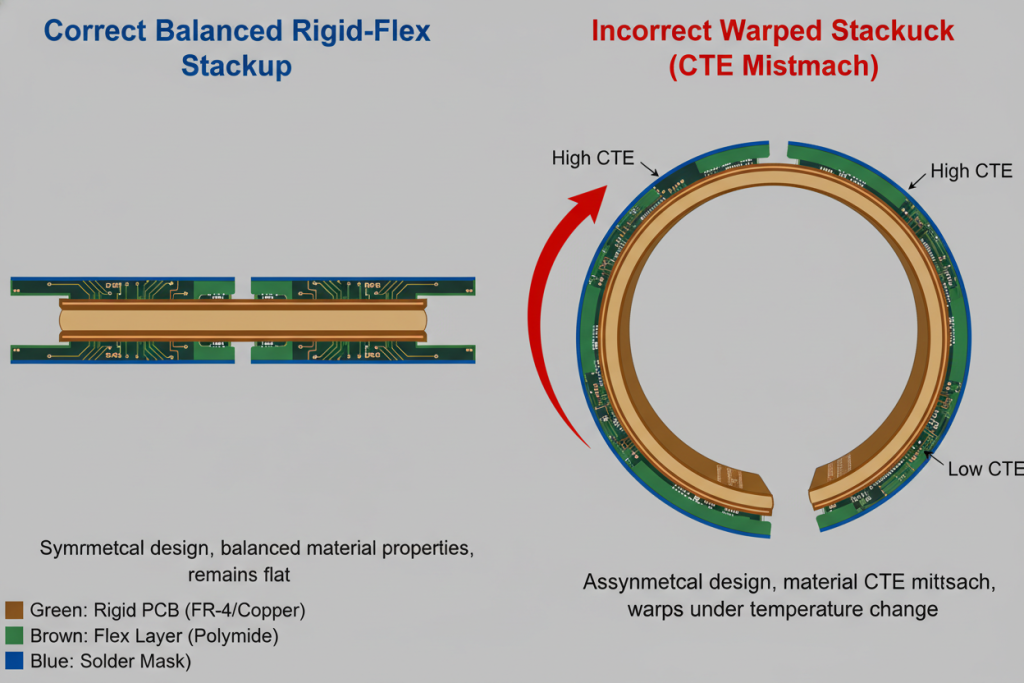 Comparison showing correct balanced rigid-flex stackup versus incorrect warped stackup due to CTE mismatch
