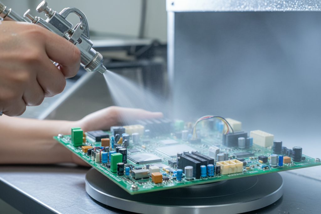 Conformal coating application process on PCB assembly - close-up of spray coating technique on circuit board with electronic components