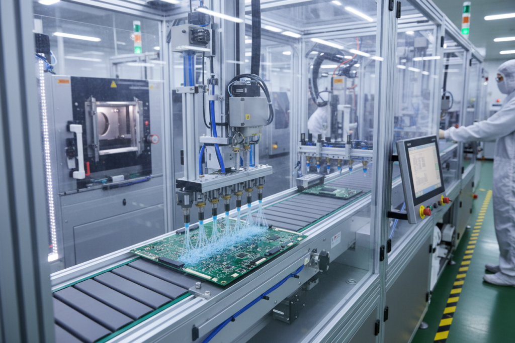 Conformal coating spray application equipment in automated PCB assembly line -selective coating machine dispensing polymer on circuit board