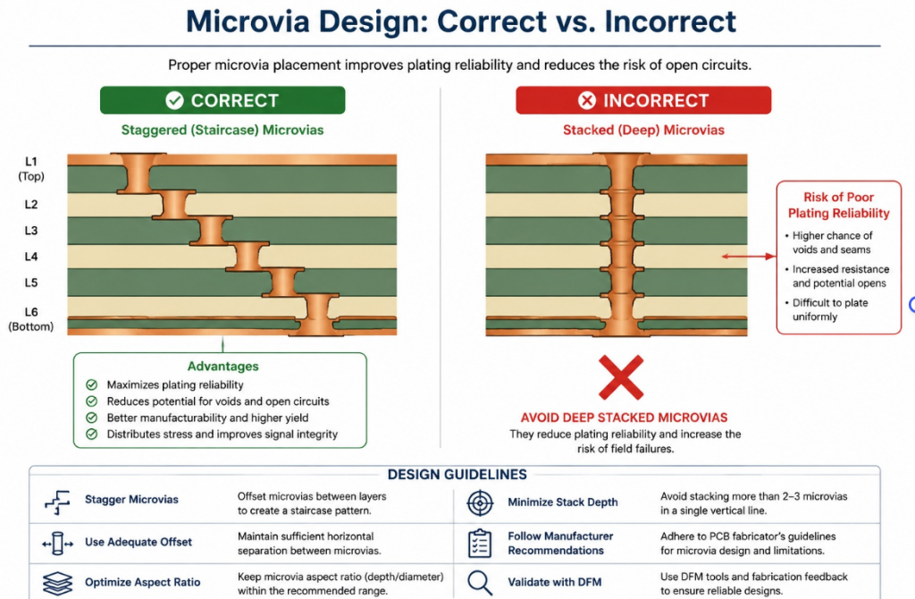 Correct staggered microvias versus incorrect deep stacked microvias in HDI