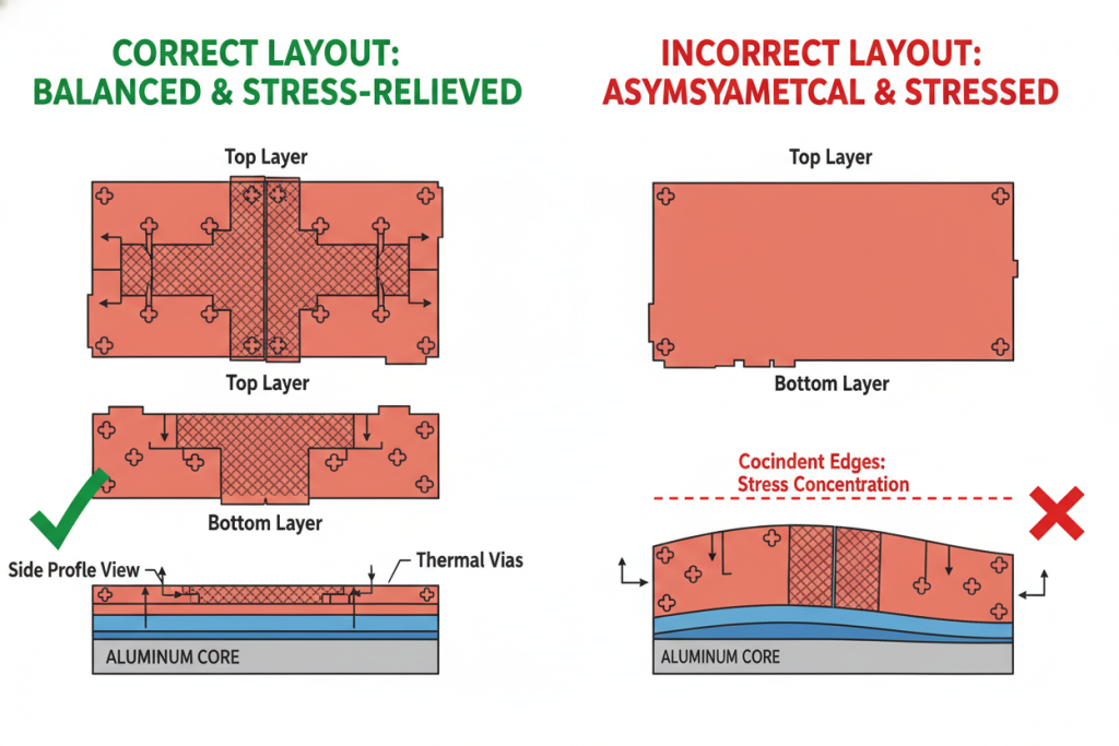 Correct vs incorrect copper pour layout on double-sided MCPCB to prevent warpage