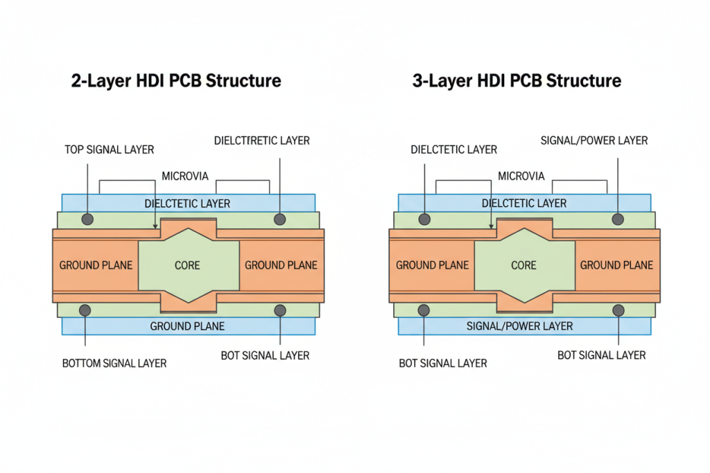 Cross-section diagram comparing 2-layer and 3-layer HDI PCB structures