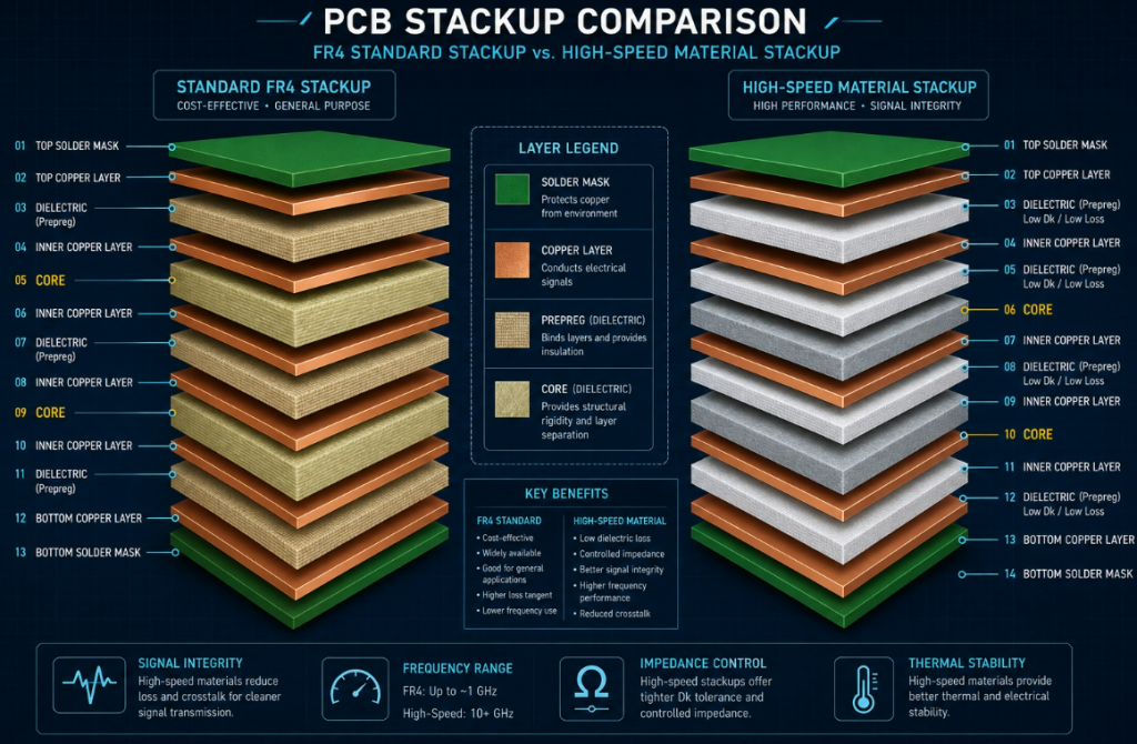 Cross-section diagram comparing standard PCB materials versus high-frequency laminates for mass production