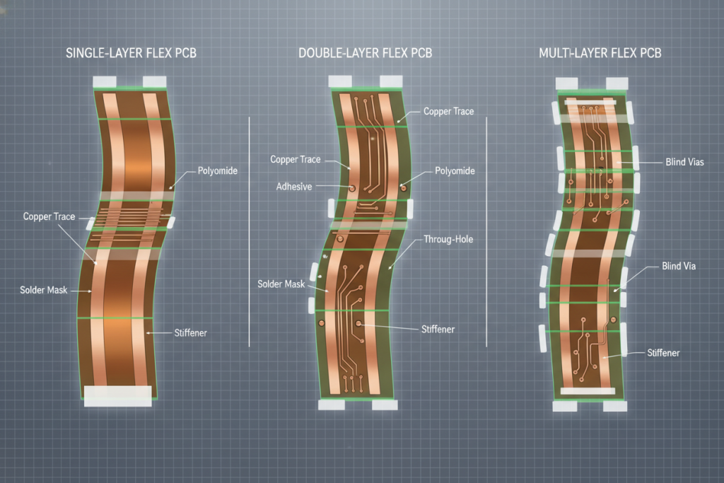 Cross-section diagram showing copper layers in single, double, and multi-layer flex PCBs