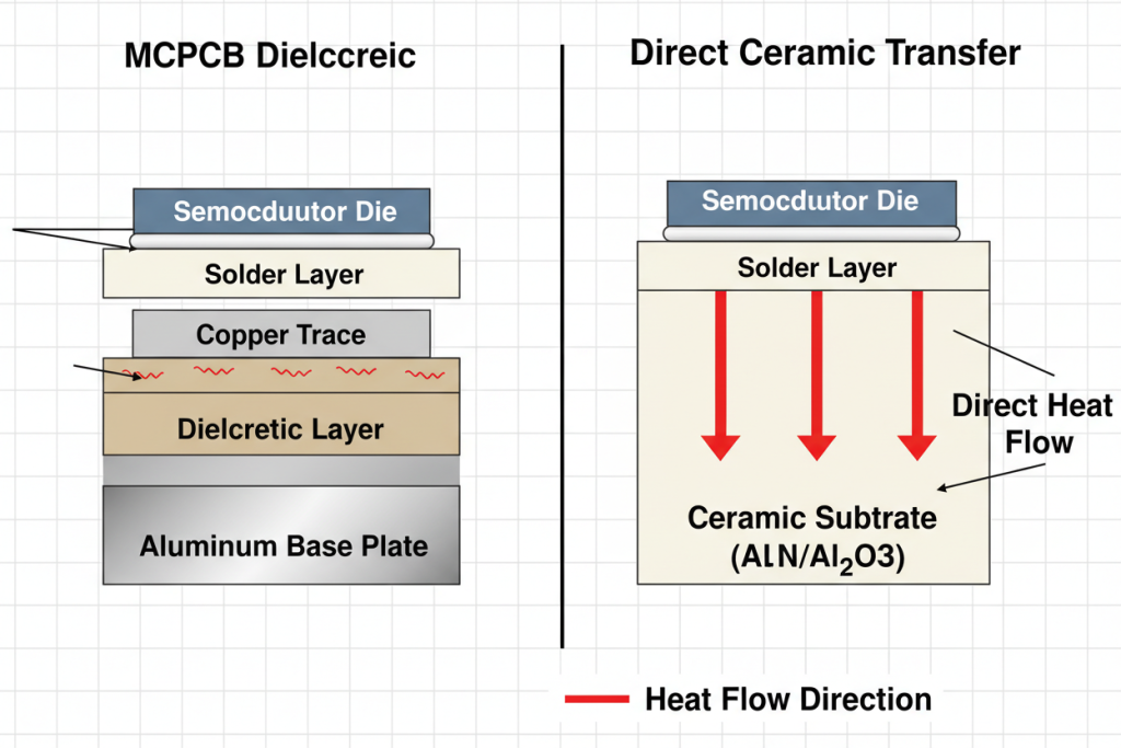 Cross-section diagram showing heat flow through MCPCB dielectric vs direct Ceramic
transfer