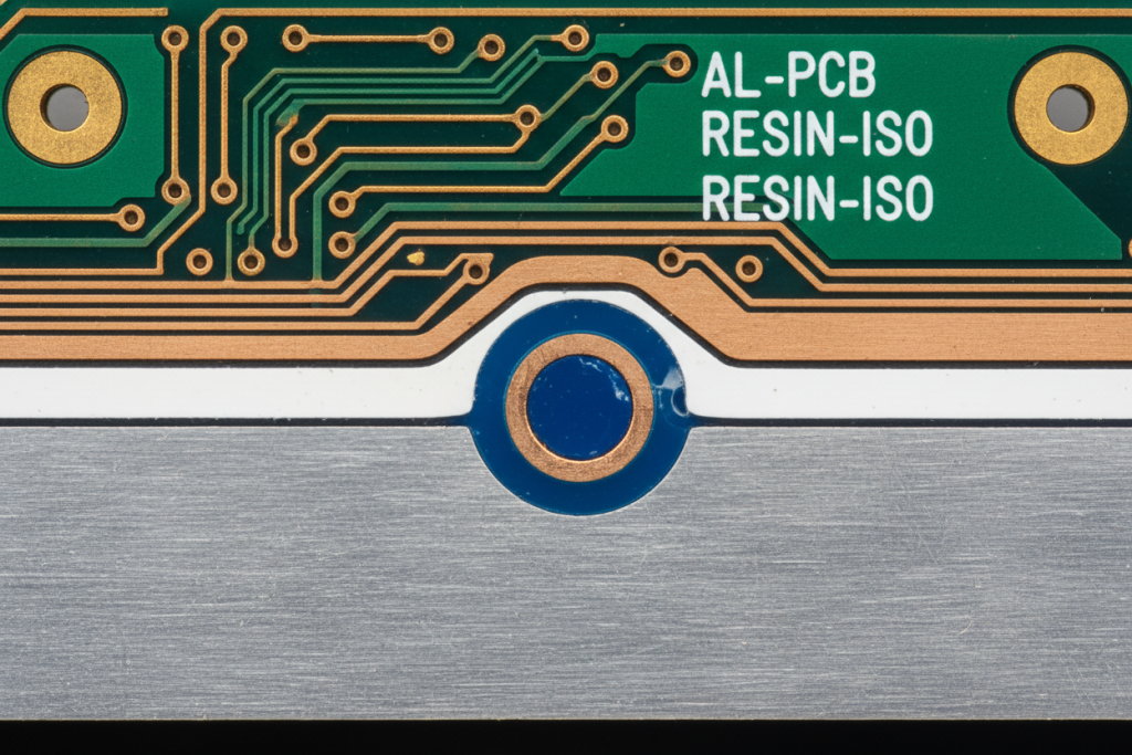 Cross-section of aluminum PCB showing resin plugged via isolation moat