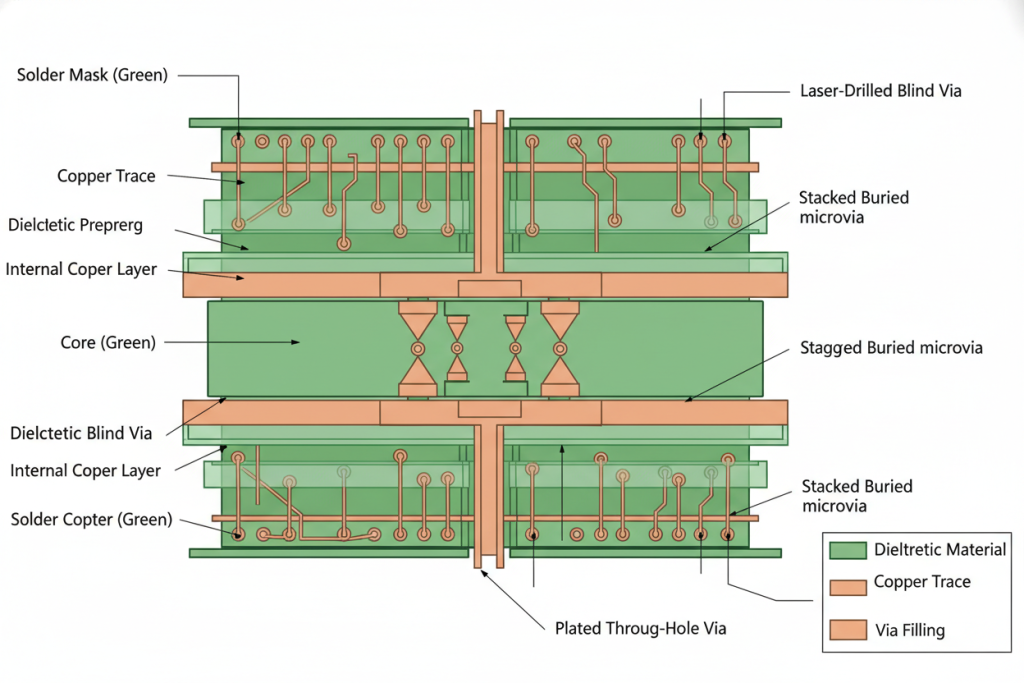 Cross-section of an HDI PCB stackup showing blind and buried microvias for routing