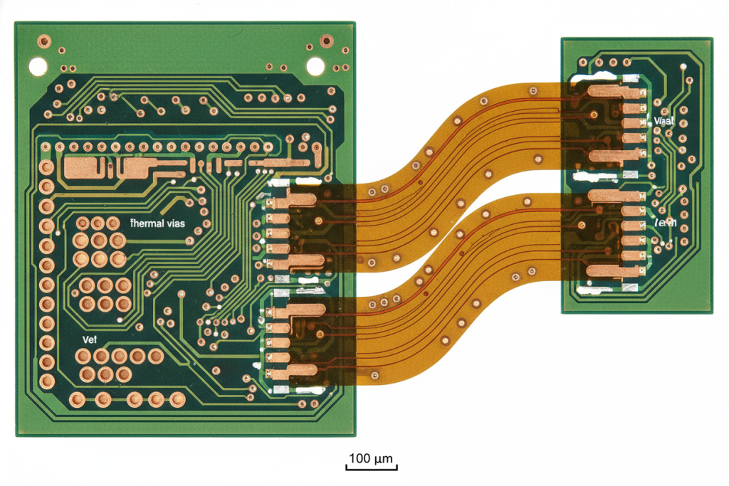 Cross-section of rigid-flex PCB transition zone showing thermal via arrays and polyimide layers.