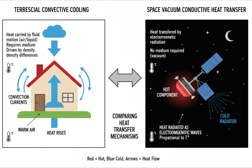 Diagram comparing terrestrial convective cooling with space vacuum conductive heat transfer.
