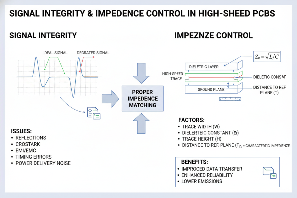 Diagram explaining signal integrity and impedance control in high-speed PCB traces