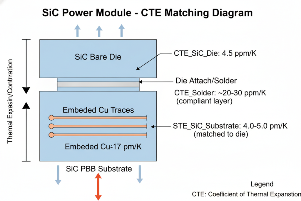 Diagram showing CTE matching between SiC bare die and SiC PCB substrate