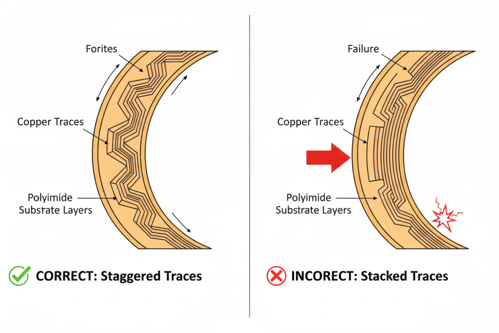 Diagram showing correct staggered traces vs incorrect stacked traces in flex PCB bend areas