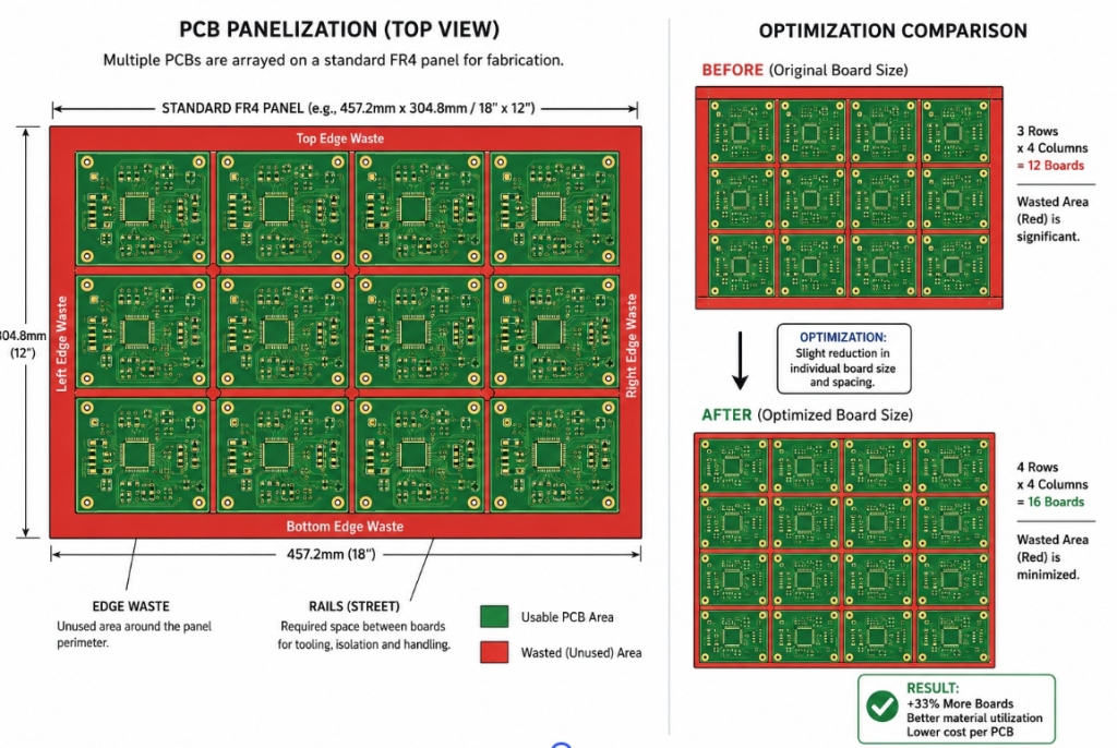 Diagram showing optimized PCB panelization resembling cookie cutters maximizing space on a dough sheet