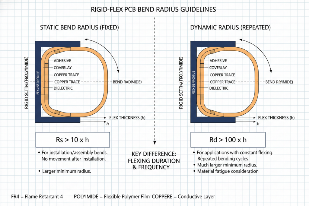 Diagram showing static vs dynamic bend radius formulas for rigid-flex PCBs