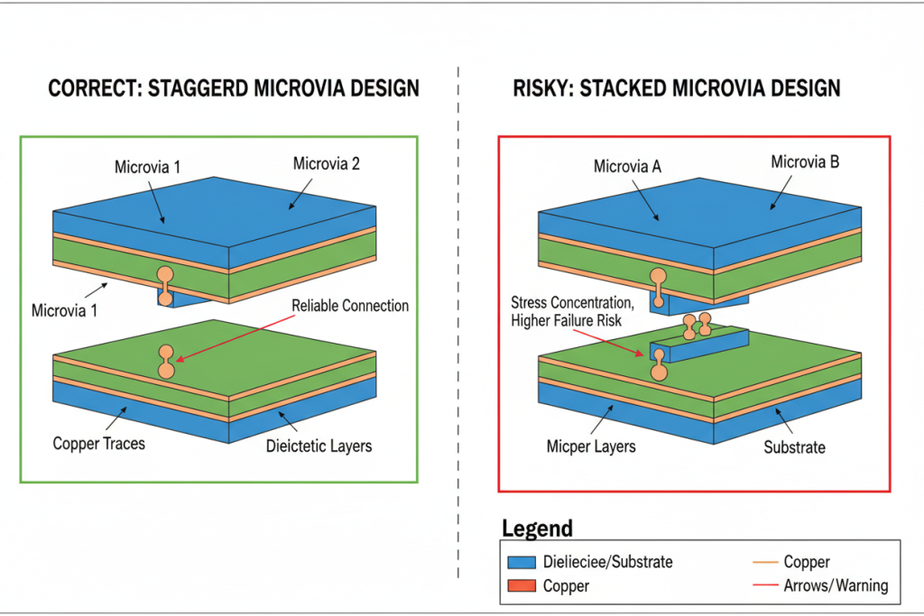 Diagram showing the correct staggered microvia design versus the risky stacked microvia design