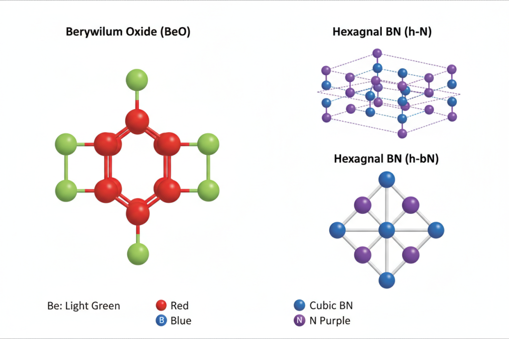 Diagram showing the crystalline structure differences between BeO and BN ceramics