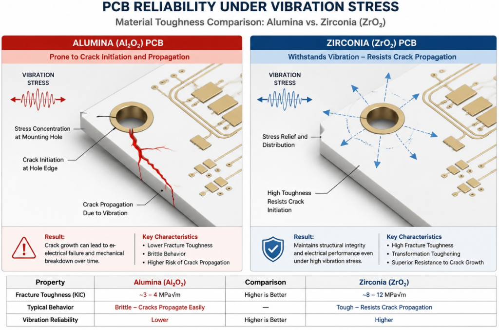 Diagram showing vibration impact on Zirconia versus Alumina PCB