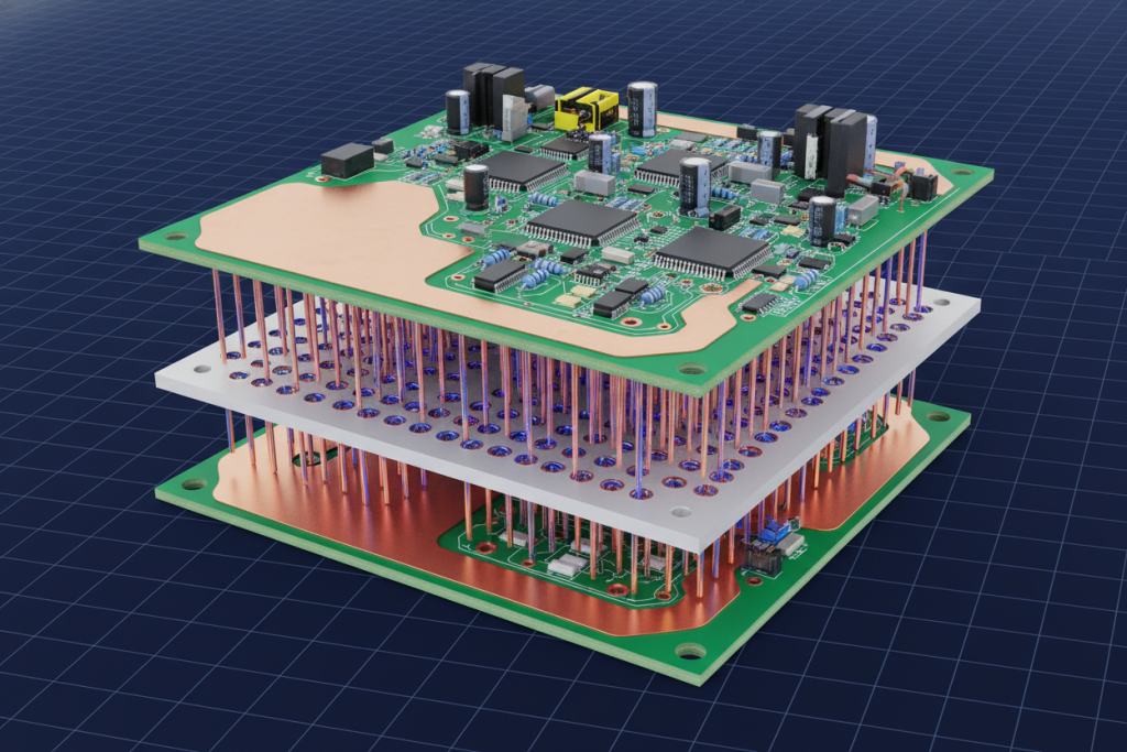 Double-sided aluminum MCPCB 3D layout showing thermal vias and copper pours