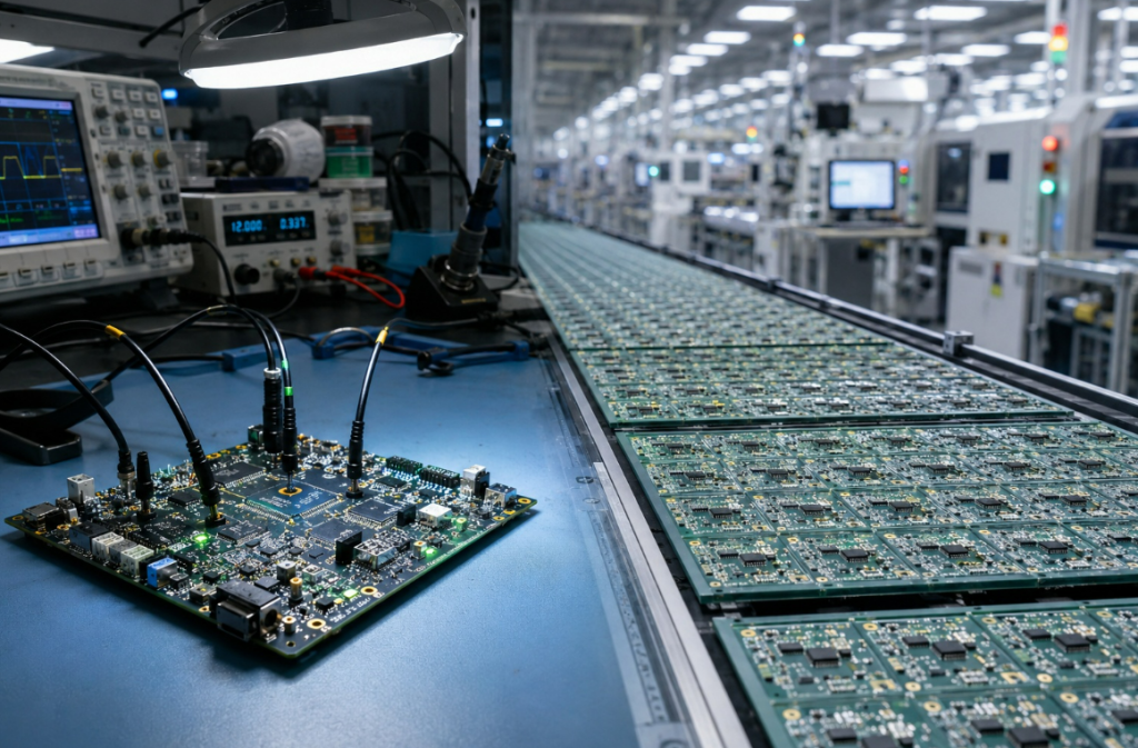Engineer analyzing a multilayer PCB prototype transitioning to a large-scale manufacturing panel