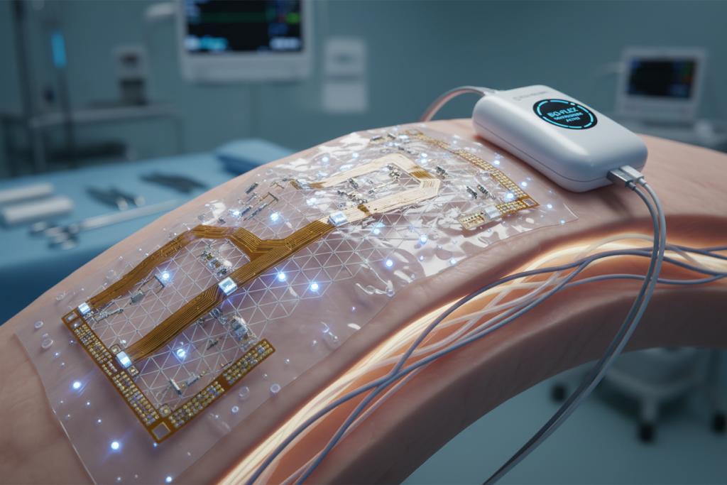 Flex PCB medical device application showing conformable circuit on curved surface