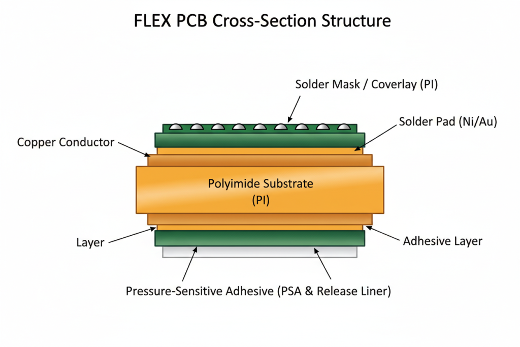 Flex PCB polyimide substrate structure - flexible circuit board cross-section diagram