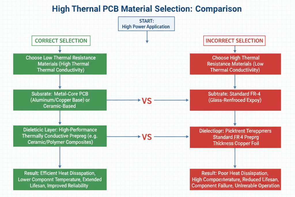 Flowchart comparing correct and incorrect material selection for high thermal PCBs