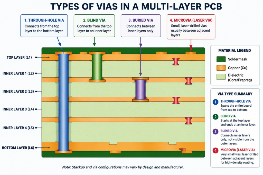 HDI PCB cross-section showing through-hole, blind, buried, and microvias