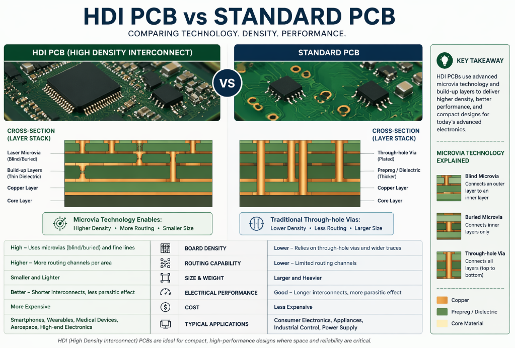HDI PCB vs Standard PCB comparison infographic showing microvia technology andboard density differences