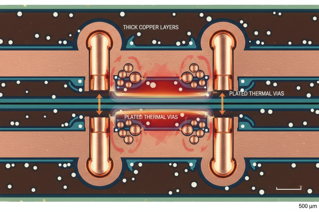 Heavy Copper PCB thermal cross-section showing thick copper layers and plated vias for heat dissipation