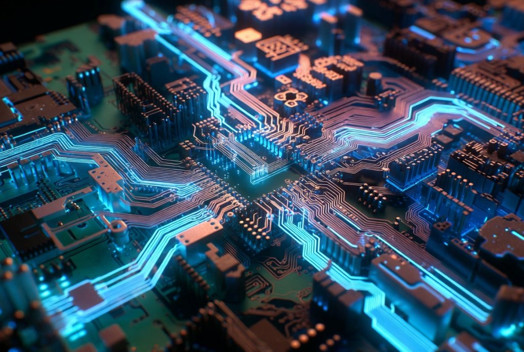 High-tech HDI PCB board with glowing traces showing microvias
