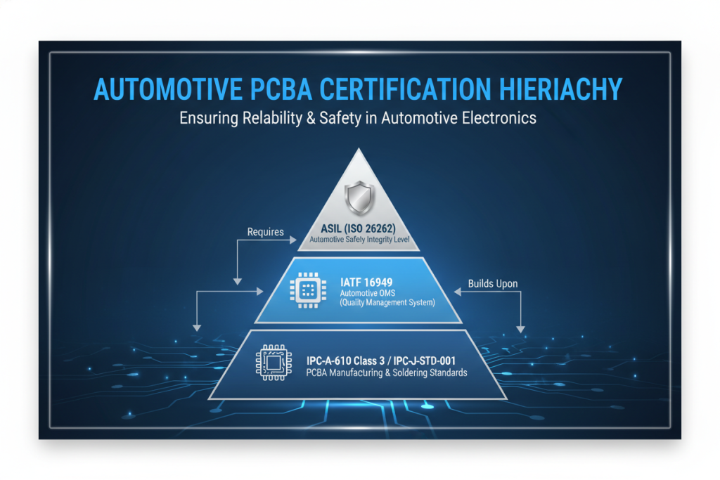 Infographic showing the strict hierarchy of automotive PCBA certifications including