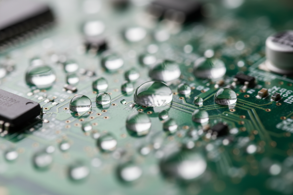 Macro shot of a conformal coated PCB repelling water droplets, protecting electronic components from moisture.