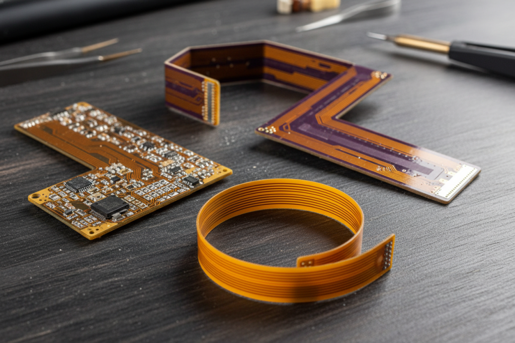Macro view of single, double, and multi-layer flexible printed circuit boards on desk