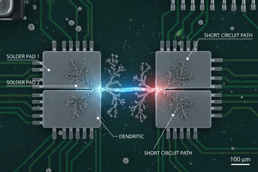 Microscopic illustration showing dendritic growth between PCB solder pads causing a short circuit.
