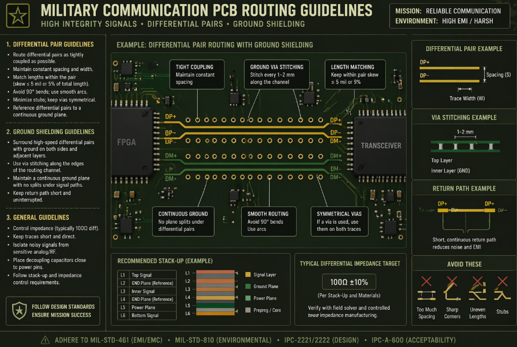 Military communication PCB routing guidelines showing differential pairs and ground shielding](ALT military-communication-pcb-routing-guidelines