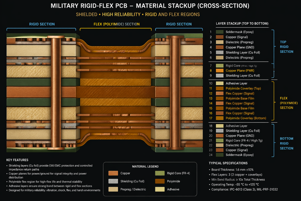 Military rigid-flex PCB material stackup cross-section showing shielding layers and polyimide flex regions](ALT military-rigid-flex-pcb-material-stackup-cross-section