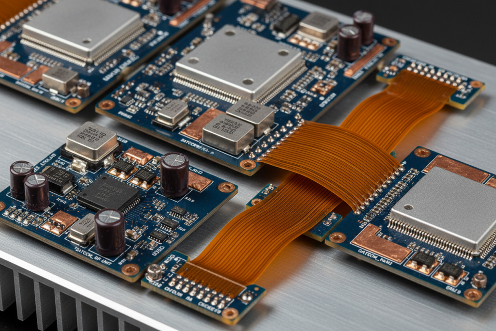 Multilayer rigid-flex PCB for satellite communications showing thermal vias and heavy copper planes.
