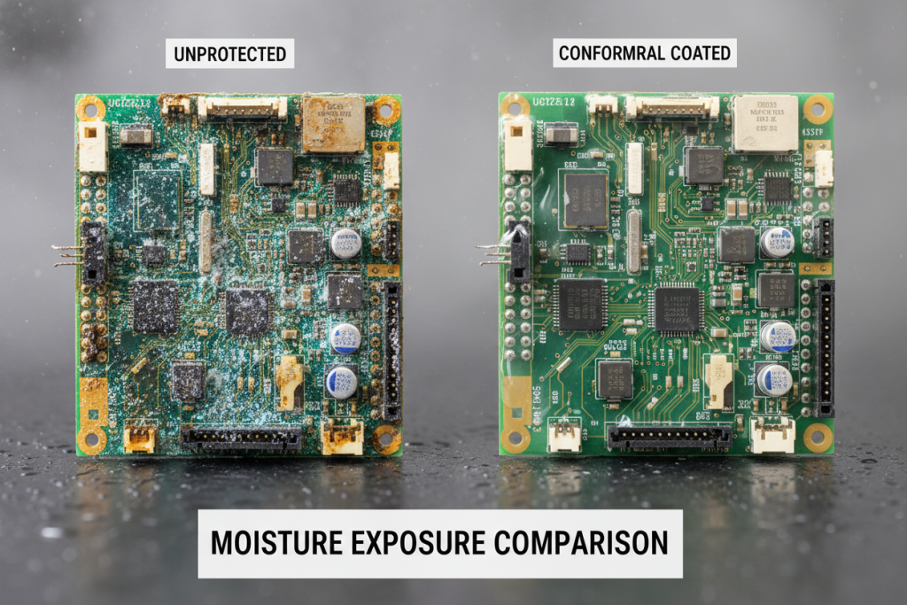 PCB corrosion damage caused by moisture exposure - comparison of unprotectedcircuit board with visible oxidation and conformal coated board
