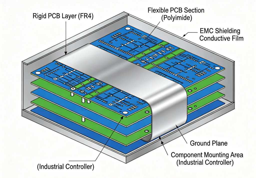 Rigid-flex PCB EMC shielding design for industrial controller - cross-section diagram