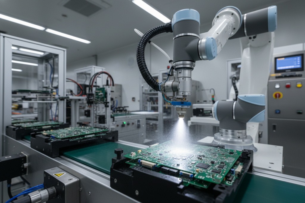 Robotic arm applying conformal coating to a printed circuit board in an automated assembly line
