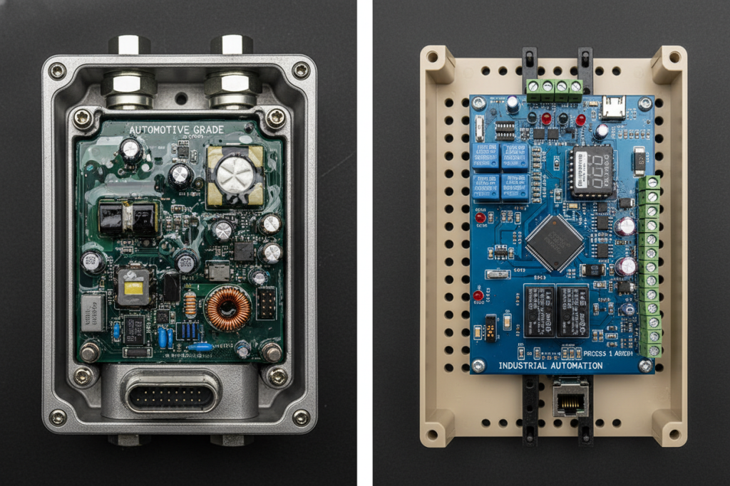 Side-by-side comparison of a rugged automotive PCB and an industrial control board
