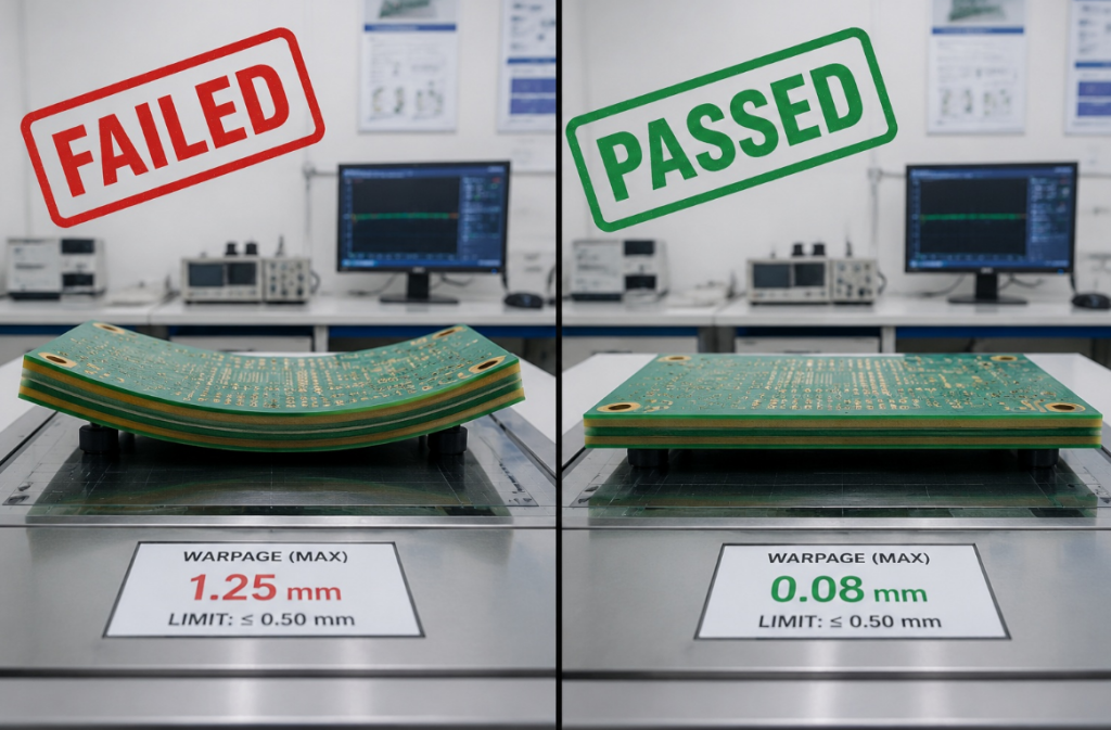 Side-by-side comparison of a warped PCB vs a perfectly flat 50-layer PCB with a ruler showing the difference.