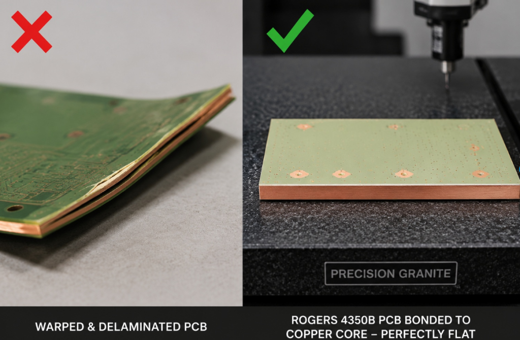 Side-by-side comparison of warped PCB vs perfectly flat Rogers copper core PCB