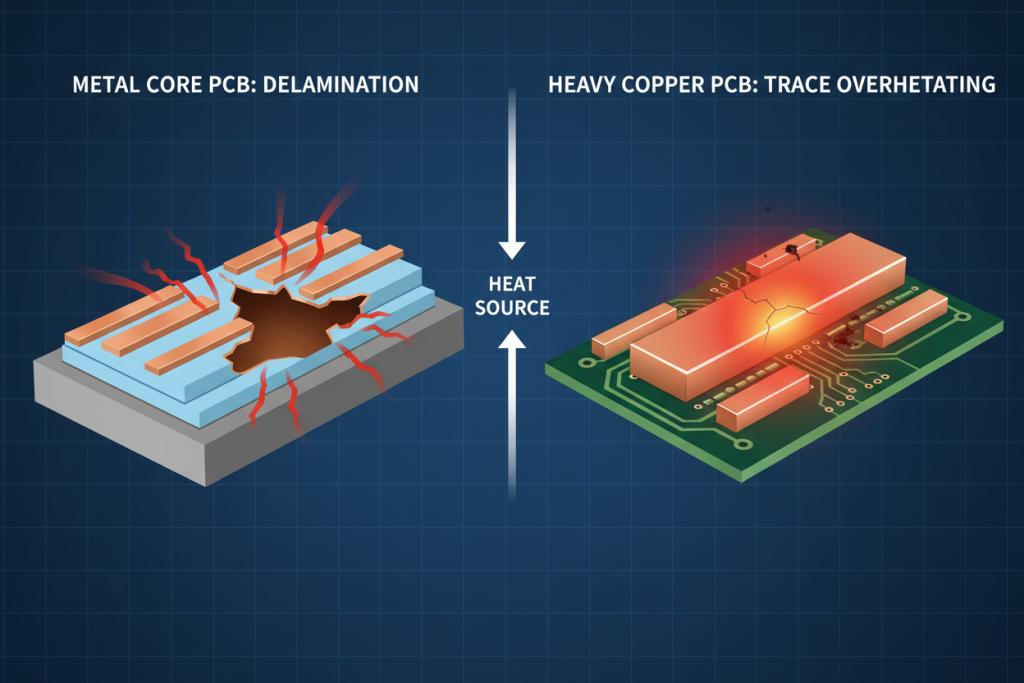 Thermal failure comparison showing delamination in Metal Core PCB vs traceoverheating in Heavy Copper PCB
