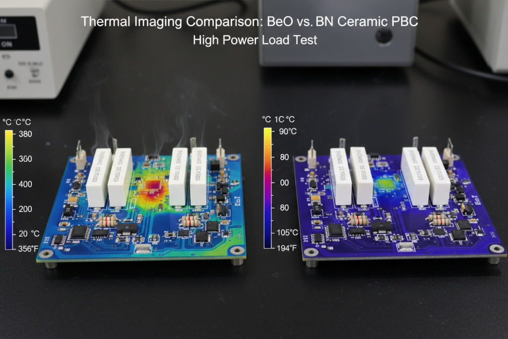 Thermal imaging comparison of BeO and BN ceramic PCBs under high power load