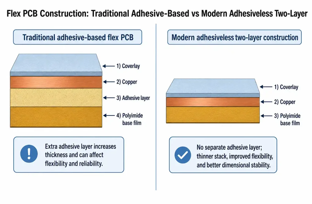 Comparison of adhesiveless and adhesive-based flexible PCB construction