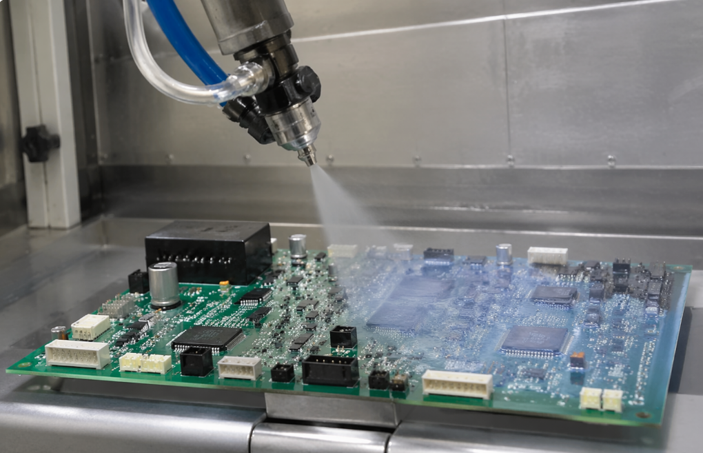 conformal coating PCB assembly application process showing selective spray coating on assembled circuit board